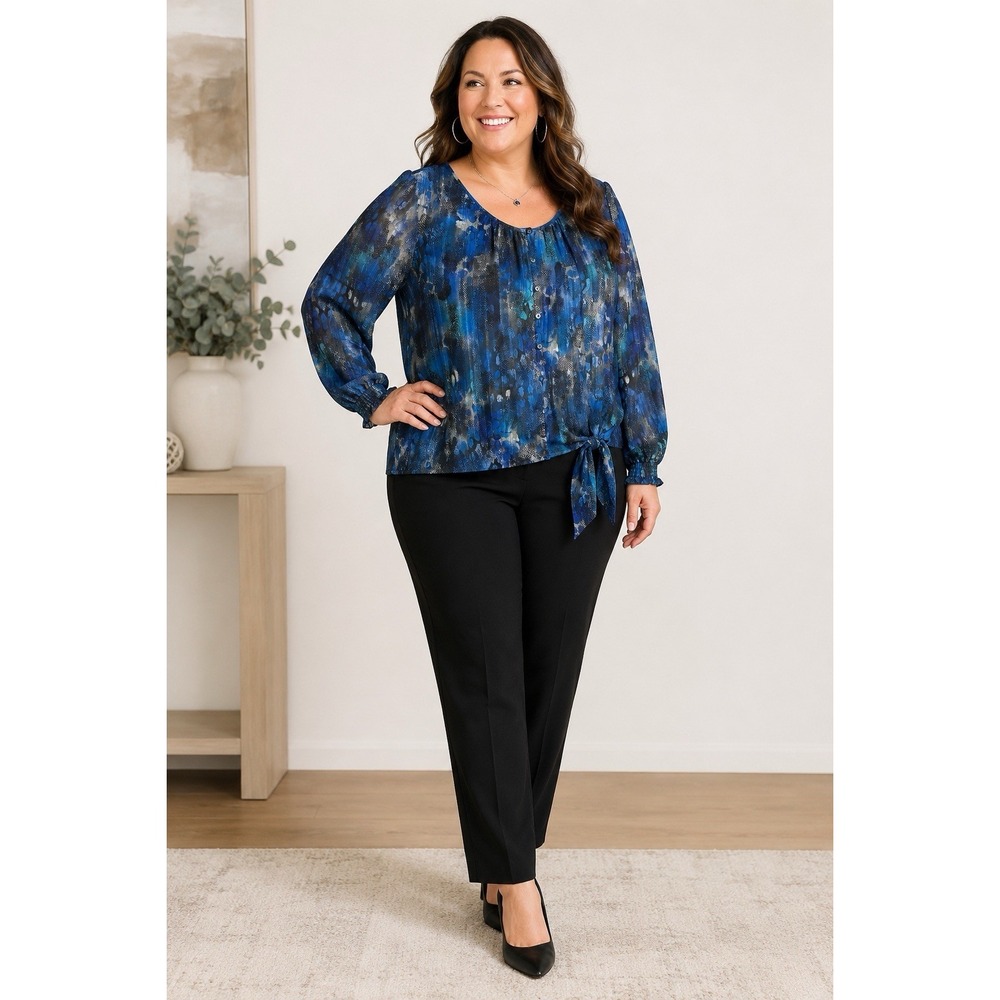 Roz & Ali‎ Plus 22/24 Button Front Blouse Blue Black Abstract Metallic Tie Hem